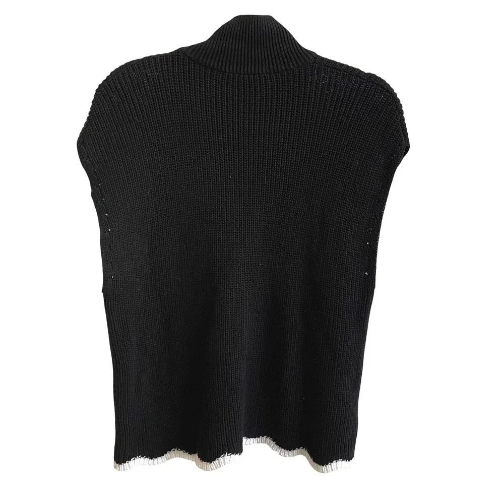 Cotton by Autumn Cashmere Sweater Vest Womens M Black Scalloped Hem Turtleneck